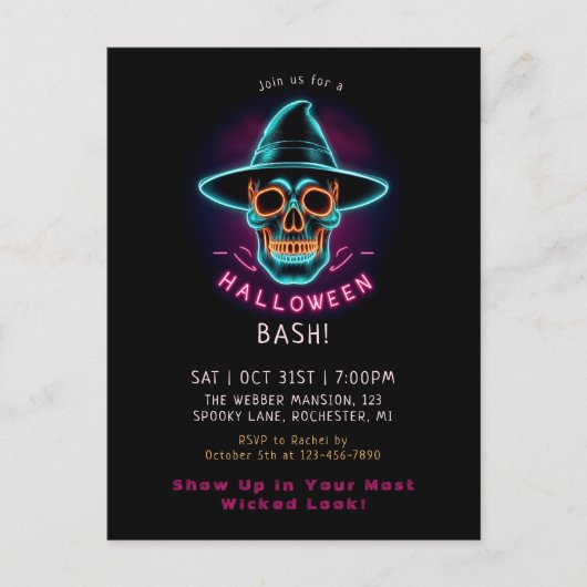 Retro neon schedel halloween briefkaart (Voorkant)