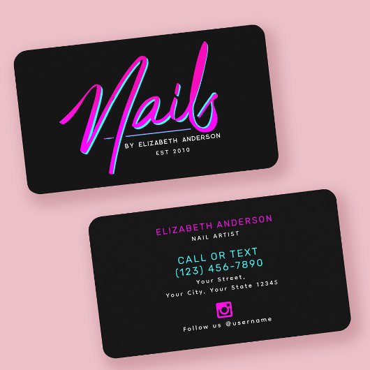 Retro Neon Script Nail Artist Visitekaartje