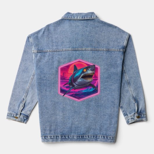Retro Neon Shark Vaporwave Denim Jacket (Achterkant)