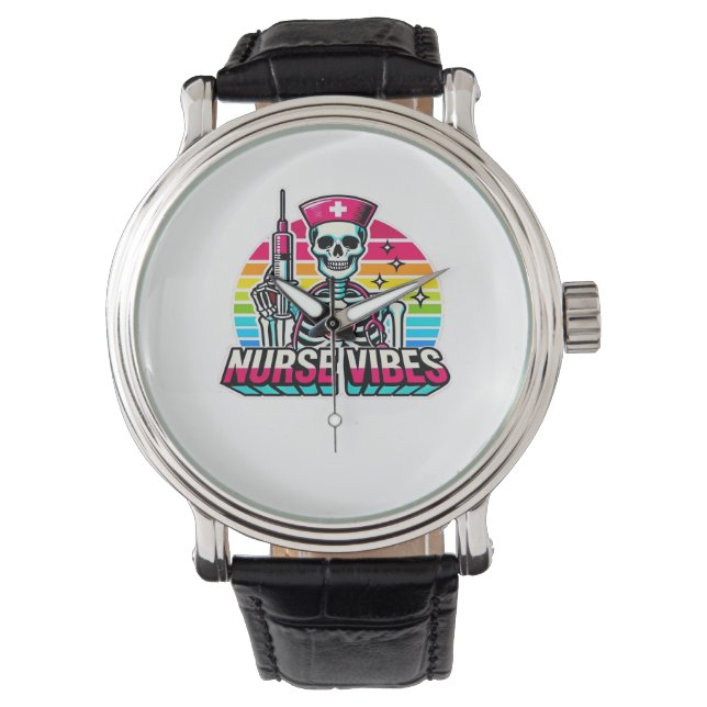 Retro Neon Skeleton Nurse - Funny Spooky Medical D Horloge (Voorkant)