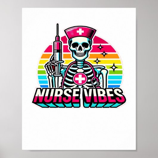 Retro Neon Skeleton Nurse - Funny Spooky Medical D Poster (Voorkant)