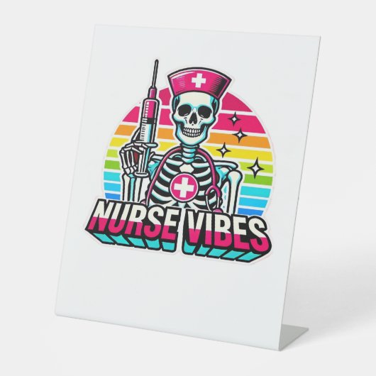 Retro Neon Skeleton Nurse - Funny Spooky Medical D Reclamebord Met Voetstuk (Voorkant)