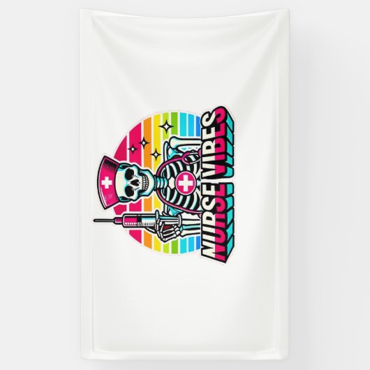Retro Neon Skeleton Nurse - Funny Spooky Medical D Spandoek (Verticaal)
