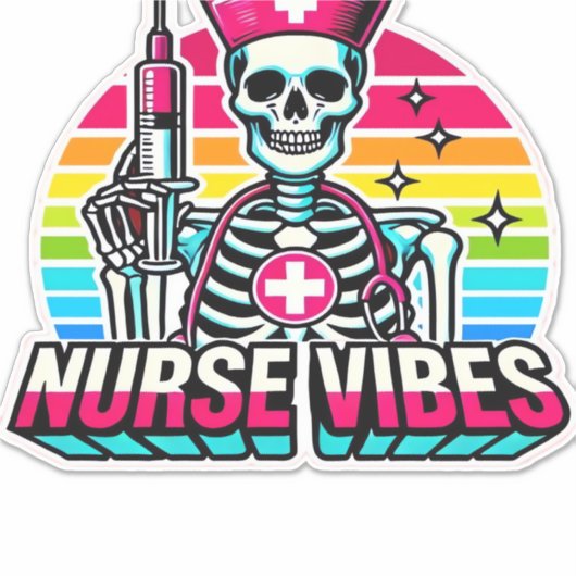 Retro Neon Skeleton Nurse - Funny Spooky Medical D Sticker (Voorkant)