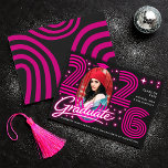 Retro Neon Typography Photo Graduate Announcement Kaart<br><div class="desc">This trendy and stylish graduation announcement features a photo of the grad, with retro 80s typography for an up-to-date throwback look. There is room on the back of the card to add all the details about the class, school, and future plans of the graduate. Placeholder image provided by Unsplash and...</div>