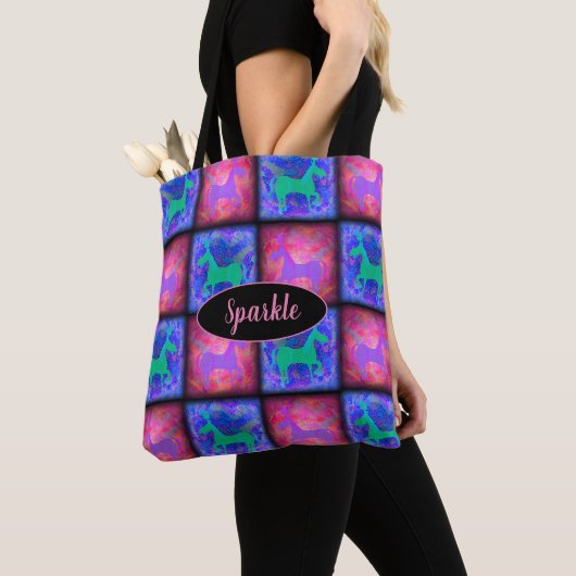 Retro Neon Unicorn controleert blauwe roze stijl Tote Bag (Dichtbij)