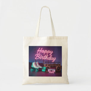 Retro neon Verjaardag bord in roze en turquoise Tote Bag