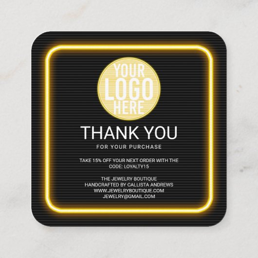 Retro Neon Yellow Lighted Sign Klant Dank u Vierkante Visitekaartje (Achterkant)