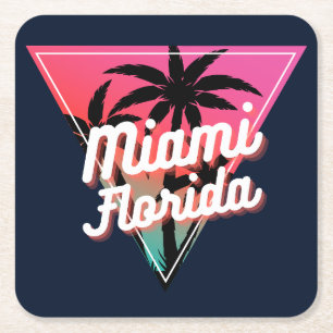 Retro Neon Zonsondergang Palmboom Miami Florida Kartonnen Onderzetters