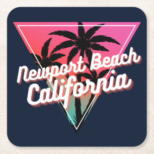 Retro Neon Zonsondergang Palmboom Newport Beach Kartonnen Onderzetters