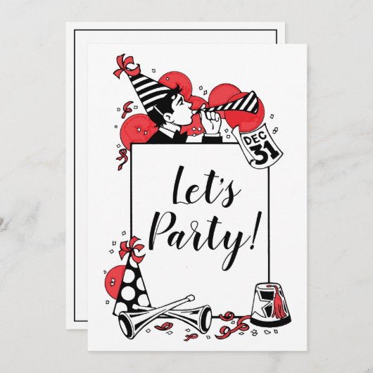 Retro New Year's Celebration Let's Party Kaart (Voorkant / Achterkant)