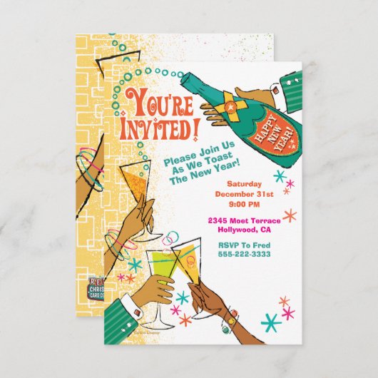 Retro New Years Eve Vakantie Uitnodiging (Voorkant / Achterkant)