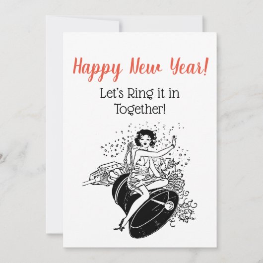 Retro New Year's Woman Ringing in New Year Kaart (Voorkant)
