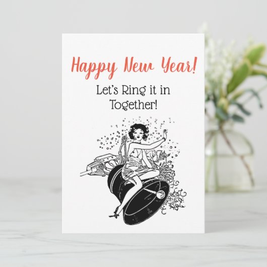 Retro New Year's Woman Ringing in New Year Kaart (Staand voorkant)