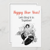 Retro New Year's Woman Ringing in New Year Kaart (Voorkant / Achterkant)