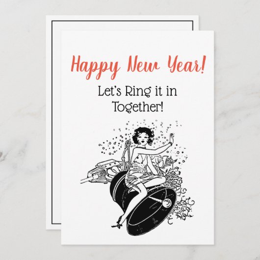 Retro New Year's Woman Ringing in New Year Kaart (Voorkant / Achterkant)