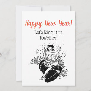 Retro New Year's Woman Ringing in New Year Kaart