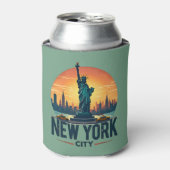 Retro New York City Skyline met Vrijheidsbeeld Blikjeskoeler (Blikje Voorkant)