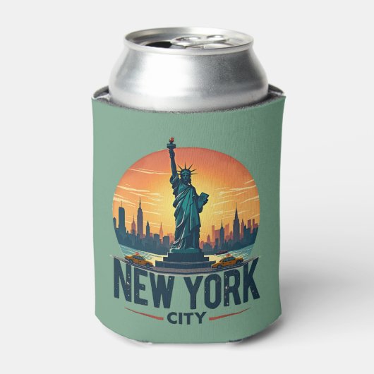 Retro New York City Skyline met Vrijheidsbeeld Blikjeskoeler (Blikje Voorkant)
