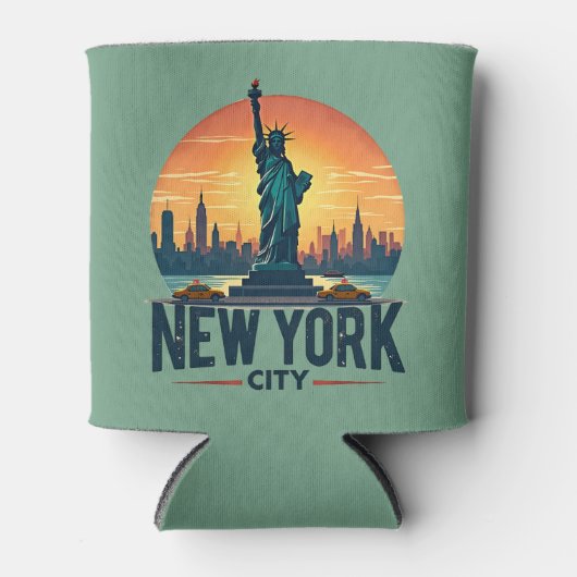 Retro New York City Skyline met Vrijheidsbeeld Blikjeskoeler (Voorkant)