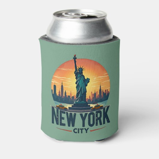 Retro New York City Skyline met Vrijheidsbeeld Blikjeskoeler (Blikje Achterkant)