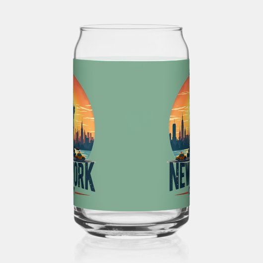 Retro New York City Skyline met Vrijheidsbeeld Blikvorm Glas (Rechts)
