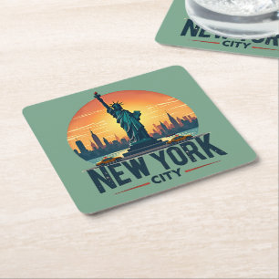 Retro New York City Skyline met Vrijheidsbeeld Kartonnen Onderzetters
