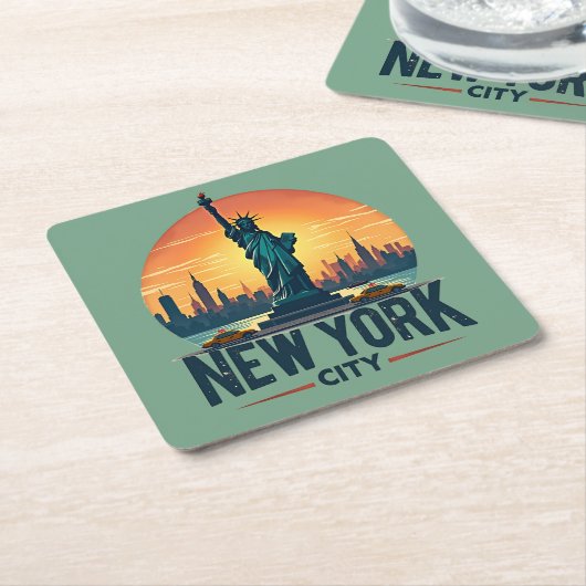 Retro New York City Skyline met Vrijheidsbeeld Kartonnen Onderzetters (Schuin)