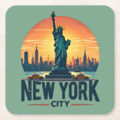 Retro New York City Skyline met Vrijheidsbeeld Kartonnen Onderzetters (Voorkant)
