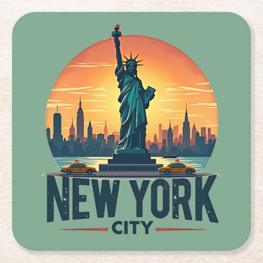 Retro New York City Skyline met Vrijheidsbeeld Kartonnen Onderzetters (Voorkant)