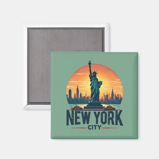 Retro New York City Skyline met Vrijheidsbeeld Magneet (Voorkant / Achterkant)