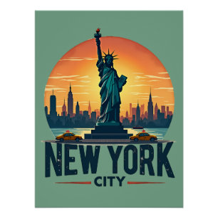Retro New York City Skyline met Vrijheidsbeeld Perfect Poster