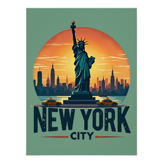 Retro New York City Skyline met Vrijheidsbeeld Perfect Poster (Voorkant)