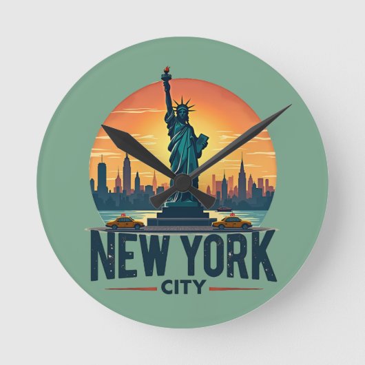 Retro New York City Skyline met Vrijheidsbeeld Ronde Klok (Voorkant)