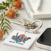 Retro New York Silhouet van de Stad Sleutelhanger (Voorkant Rechts)