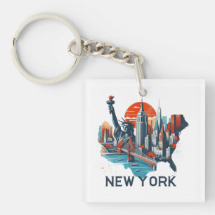 Retro New York Silhouet van de Stad Sleutelhanger