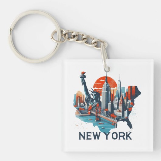 Retro New York Silhouet van de Stad Sleutelhanger (voorkant)