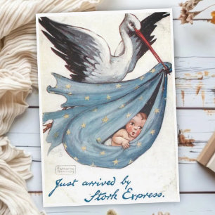 Retro Nieuwe Baby Felicitaties met Ooievaar Kaart