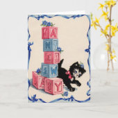 Retro nieuwe baby Wenskaart met kitten Kaart (Gele Bloem)