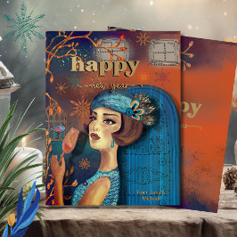 Retro Nieuwjaar Sinaasappel Blauw Kaart