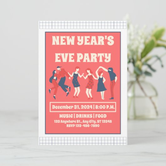 Retro Nieuwjaarsfeest uitnodiging (Staand voorkant)
