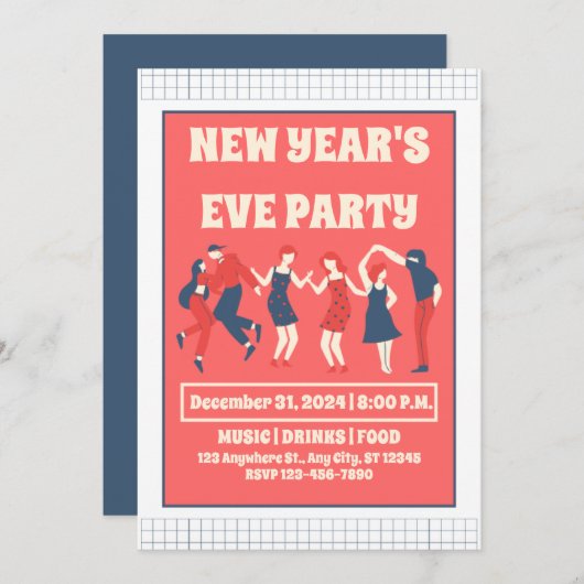 Retro Nieuwjaarsfeest uitnodiging (Voorkant / Achterkant)