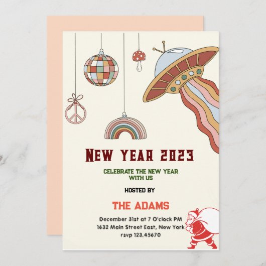 Retro Nieuwjaarsfeest Uitnodiging, oudejaarsavond  Feestdagenkaart (Voorkant / Achterkant)