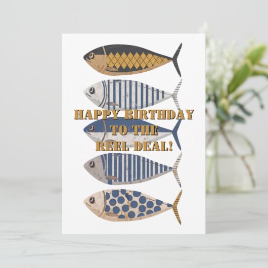  retro noodlijdende vis, aangepaste verjaardag feestdagenkaart (Staand voorkant)