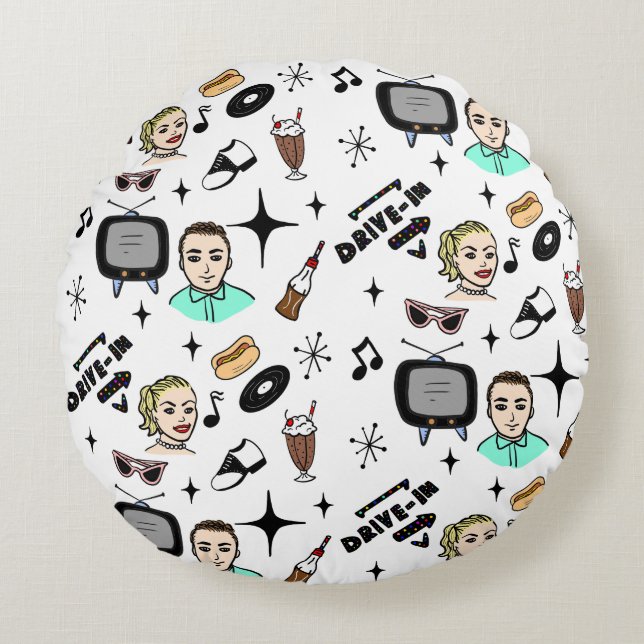 Retro Nostalgische grafische kaart van 1950 Rond Kussen (Voorkant)