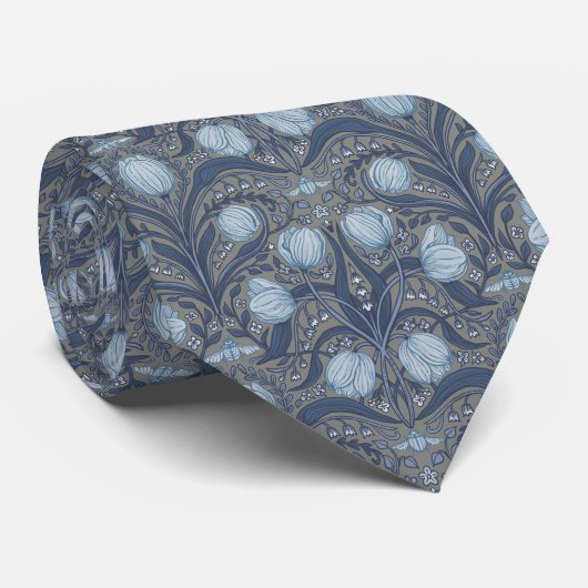 Retro Nouveau Tulips in blue and pewter Stropdas (Opgerold)