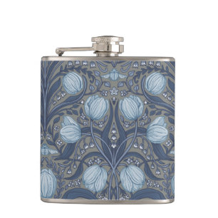 Retro Nouveau tulpen in blauw en tin Heupfles