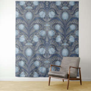 Retro Nouveau tulpen in blauw en tin Wandkleed