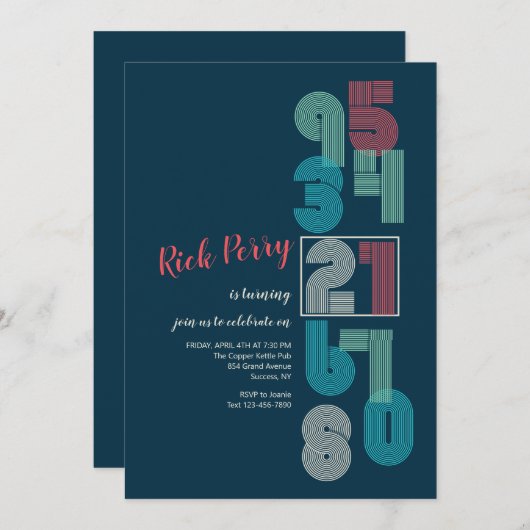 Retro Nummers Birthday Party Kaart (Voorkant / Achterkant)