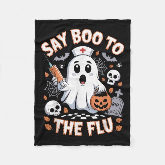 Retro Nurse Ghost Halloween Vaccine Zeg Boe tegen Fleece Deken (Voorkant)
